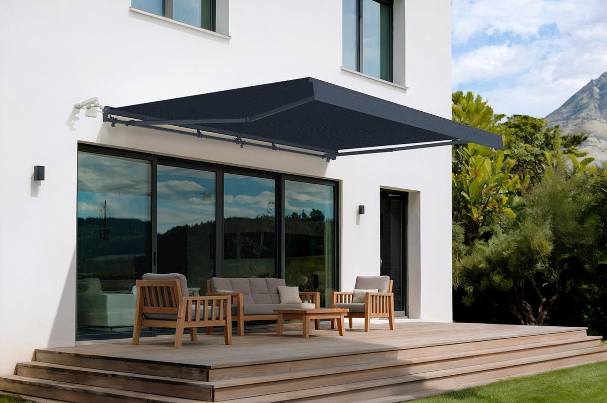 HALBKASSETTENMARKISE Fazzio Graue 5m x 3m motorisierte - Premium-Leinwand 320g/m² - Grau, Metall (500/270/300cm) - Cazeboo