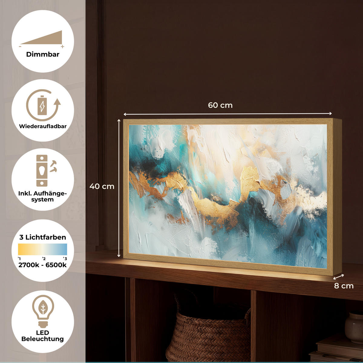 NÁSTĚNNÁ LAMPA S AKUMULÁTOREM Abstraktní - umění - zlatá - modrá 60x40 cm - tyrkysová, kompozitní dřevo (60/40/8cm) - OnlyWow