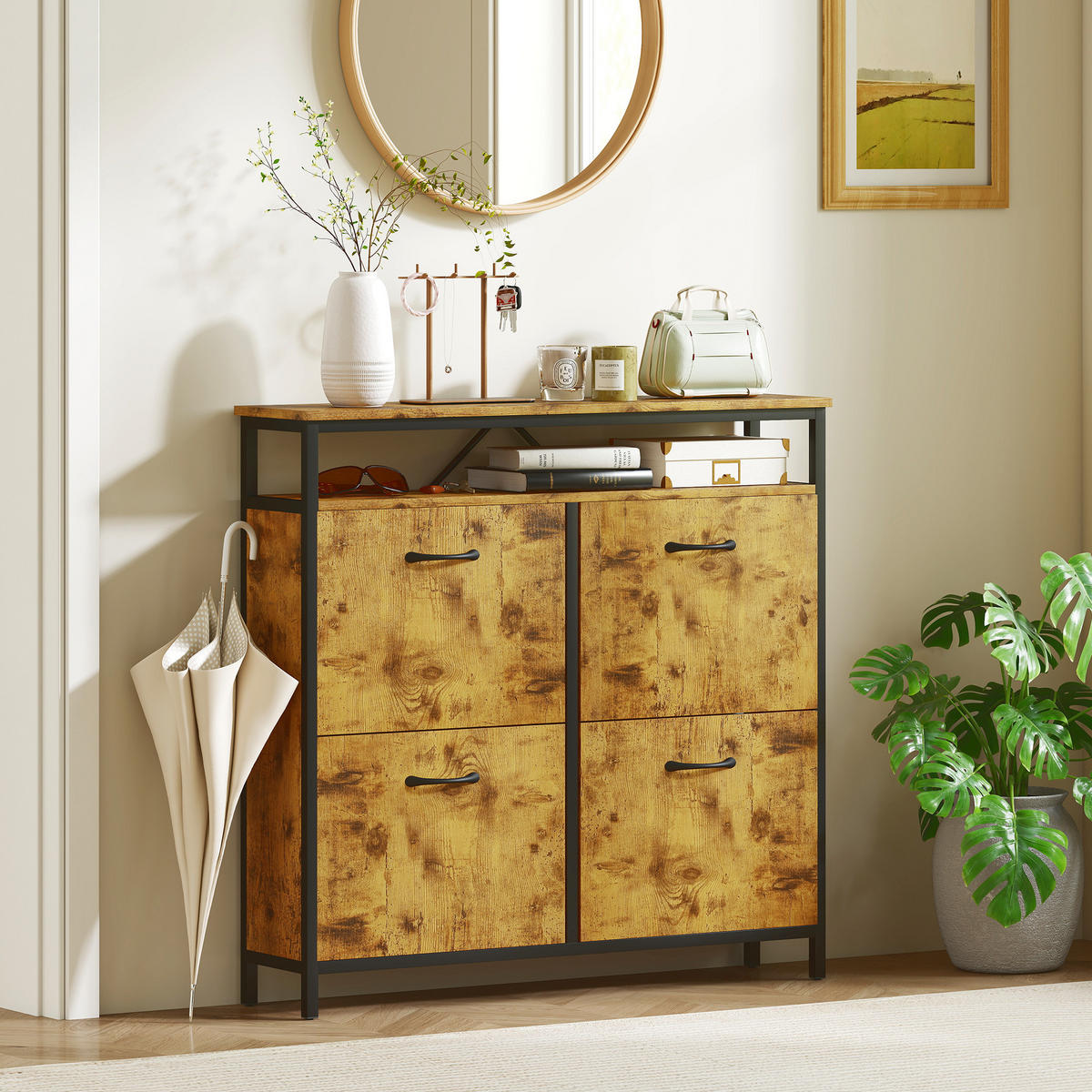 SCHUHSCHRANK mit 4 Klappen Schmal Schuhkipper mit Verstellbar Trennwand Braun - Schwarz/Braun, Holzwerkstoff/Metall (24/95/98cm) - HOMCOM