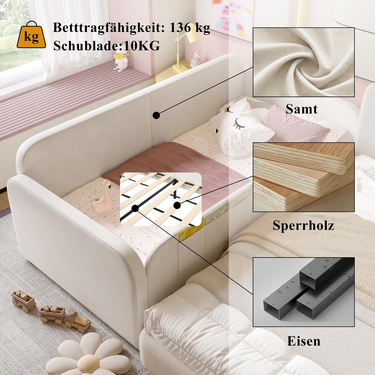 KINDERBETT 90/200 cm in Weiß mit 2 Schubladen und Taschen Samt - Weiß, Holzwerkstoff/Textil (90/200cm) - CHICFURN