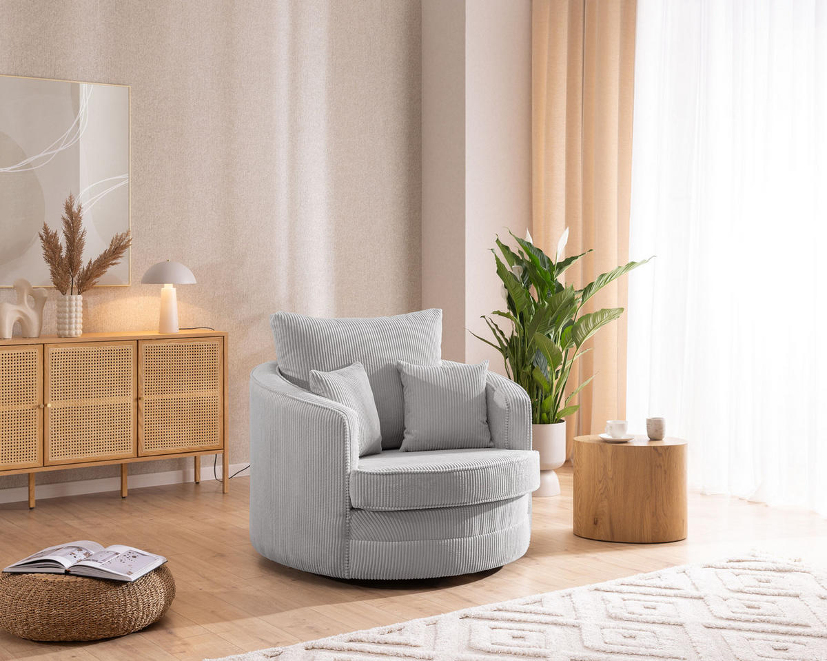 DREHSESSEL Ted aus Hellgrau Cord-Stoff - Hellgrau/Schwarz, Holz/Textil (107/94/100cm) - S-Style Möbel