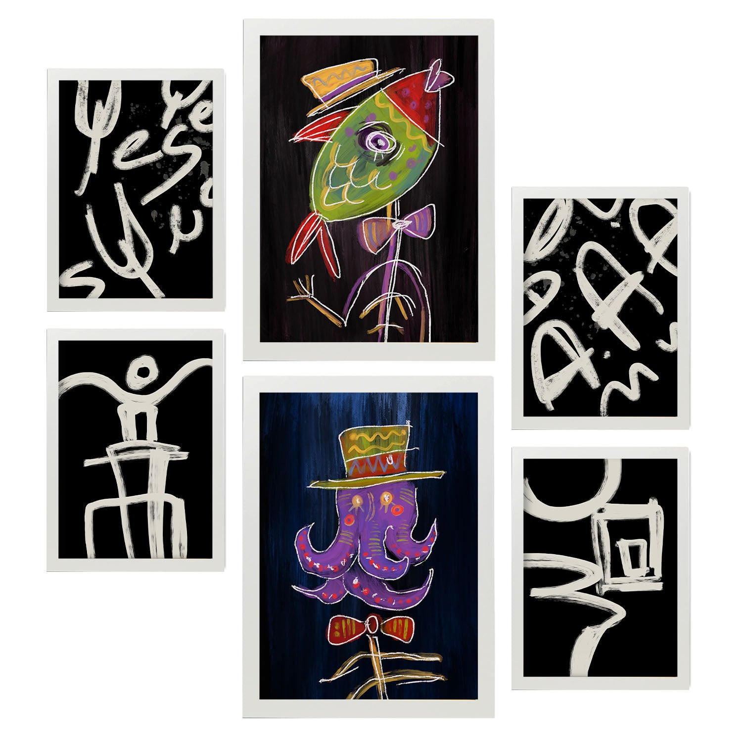 POSTER Set Mit 6 Aufsichtsfang 1 In Tiere Zusammenfassungen A3 & A4 Weißer Rahmen - Weiß, Papier (29/3cm) - Nacnic