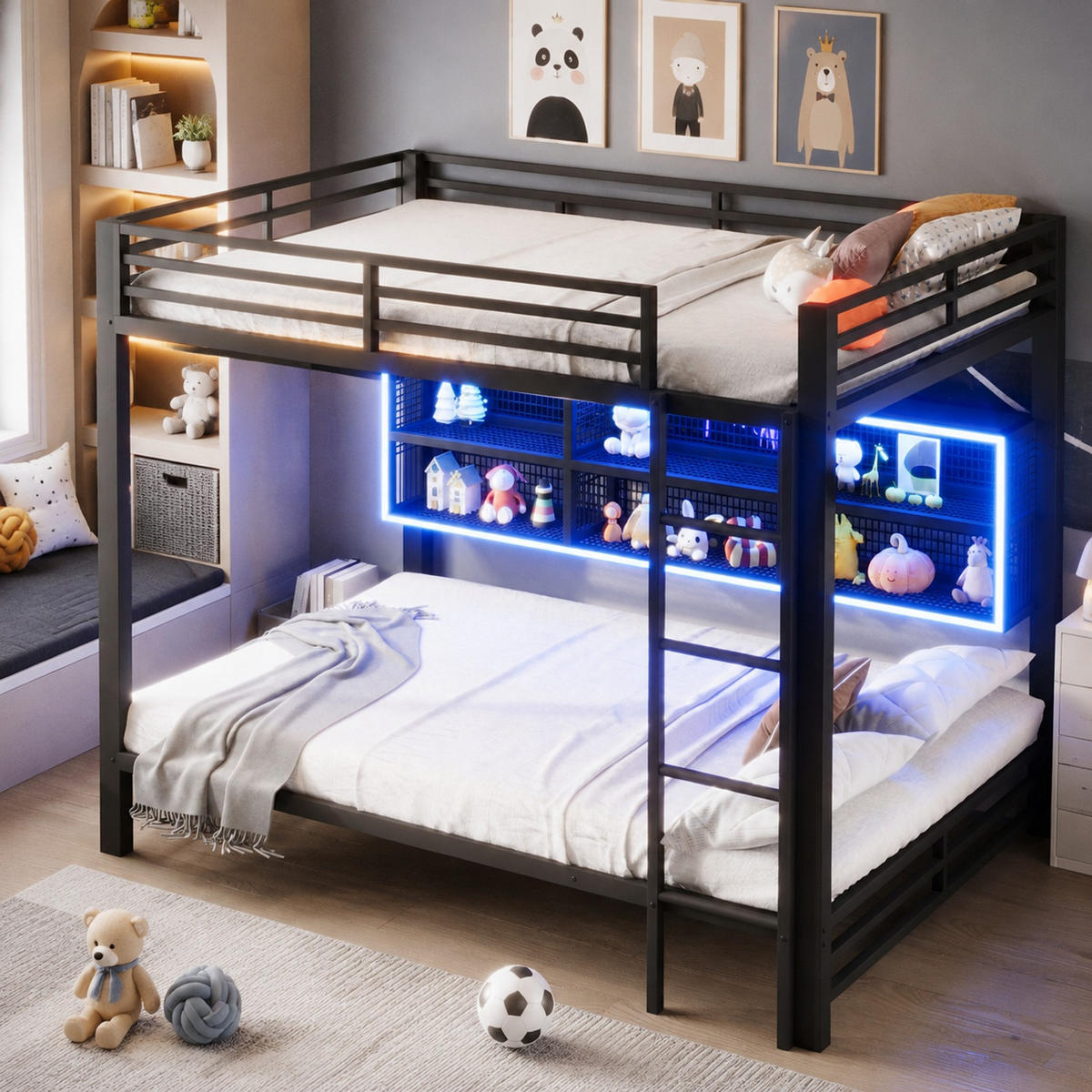 ETAGENBETT 140/200 mit LED und Stauraumschränken in Schwarz - Schwarz, Holzwerkstoff/Metall (140/200cm) - EVRYAE