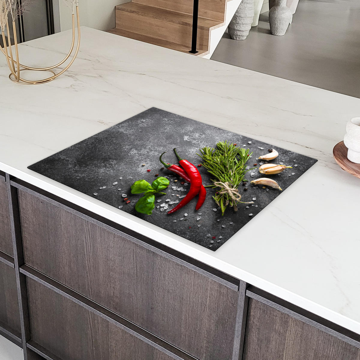 HERDABDECKPLATTE Pfeffer - Kräuter - Gewürze - Beton Induktionsmatte 77x59 cm - Rot, Kunststoff (77/59/0.2cm) - MuchoWow