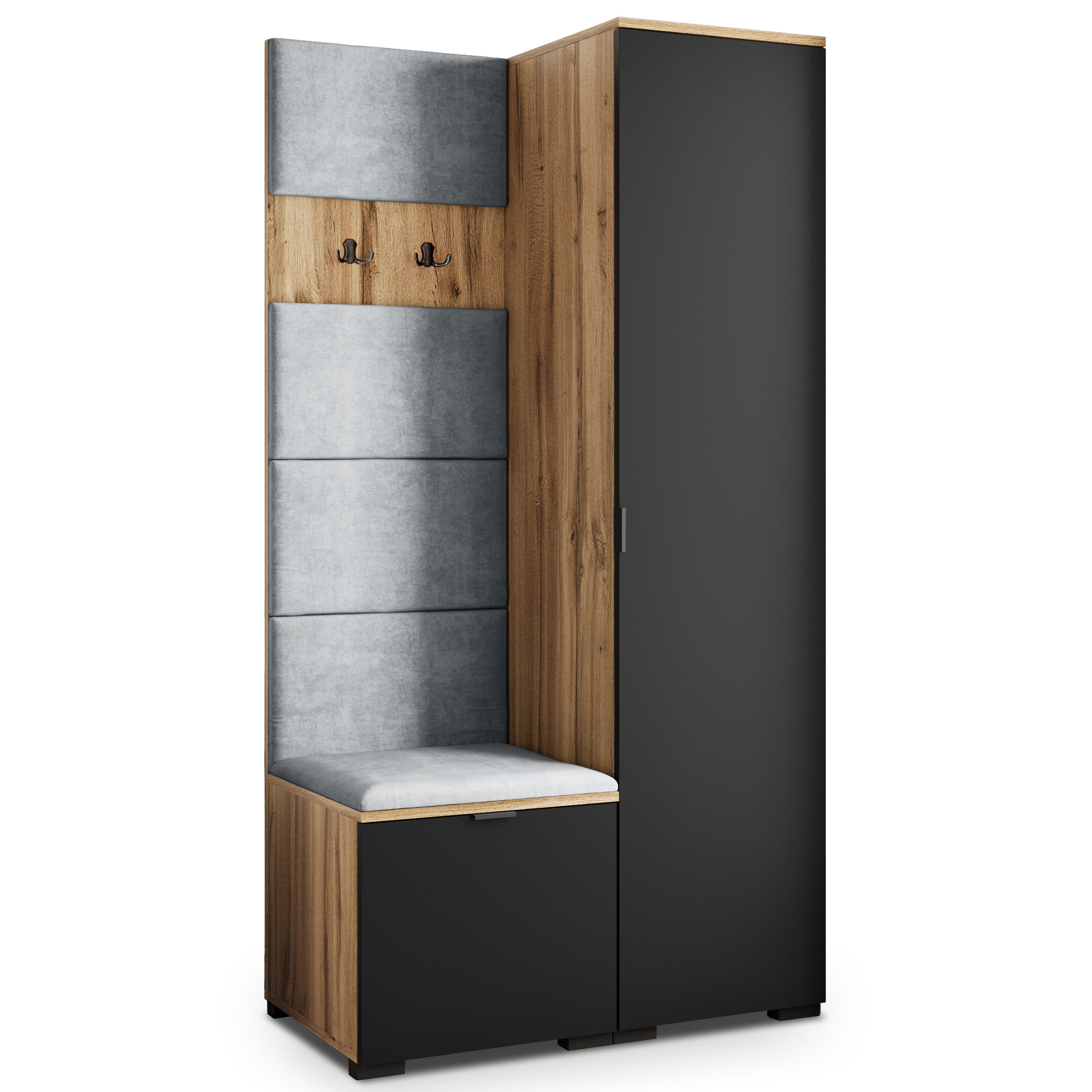 Masseno Garderobenschrank Eiche Wotan, Schwarz, Hellgrau 95x181x51 cm