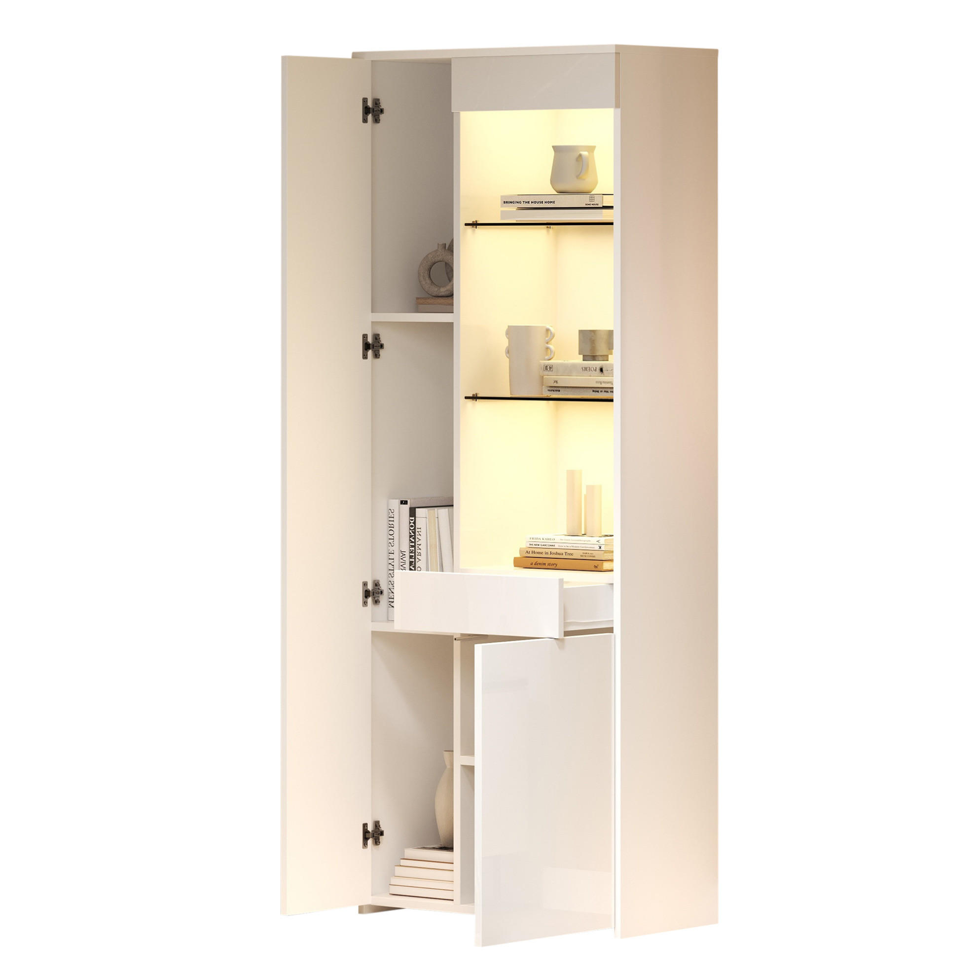 VITRINE 70/35/180 cm aus Spanplatte mit LED-Beleuchtung und Hochglanzfront Weiß - Weiß, Holzwerkstoff (70/180/35cm) - Modenvie