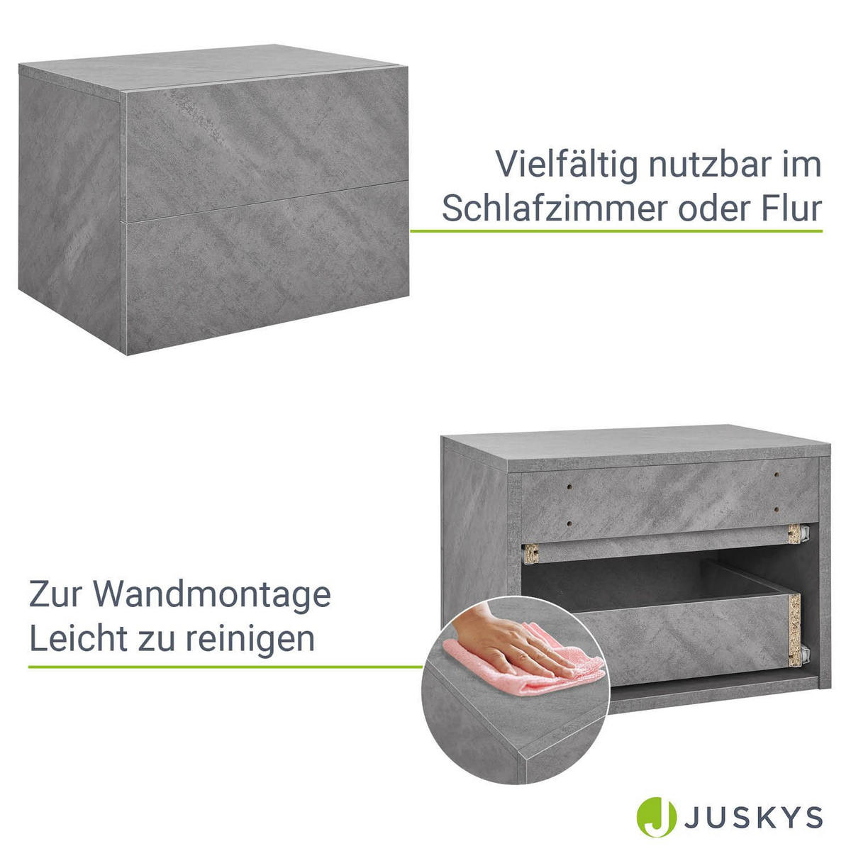 WANDSCHRANK Nachttisch mit 2 Schubladen Betonoptik 40x29x30 cm - Grau, Holz (40/30/29cm) - Juskys