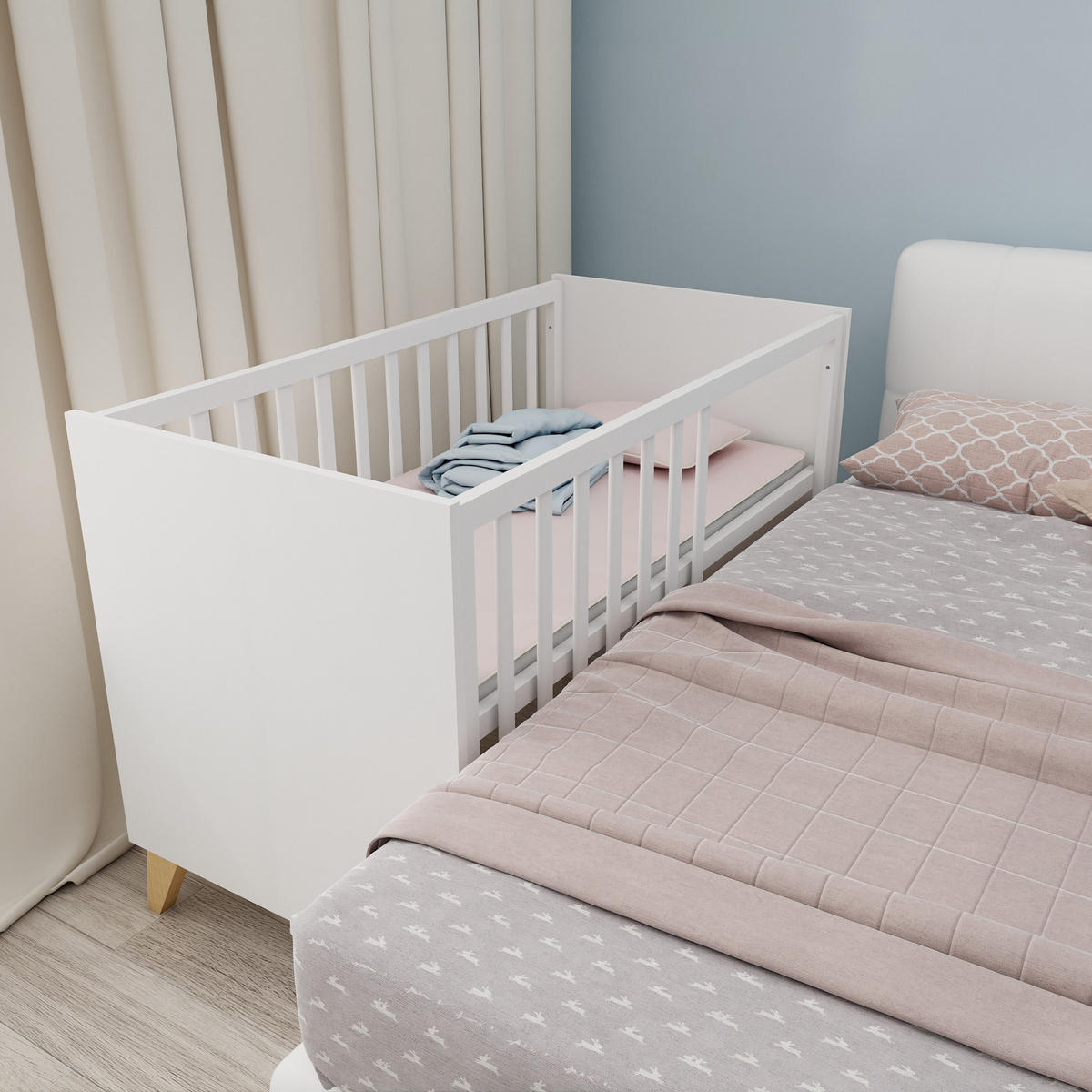 2-IN-1 BABY- & BEISTELLBETT Leon 60 x 120 - Honigeiche/Weiß, Holz (60/120cm) - Roba