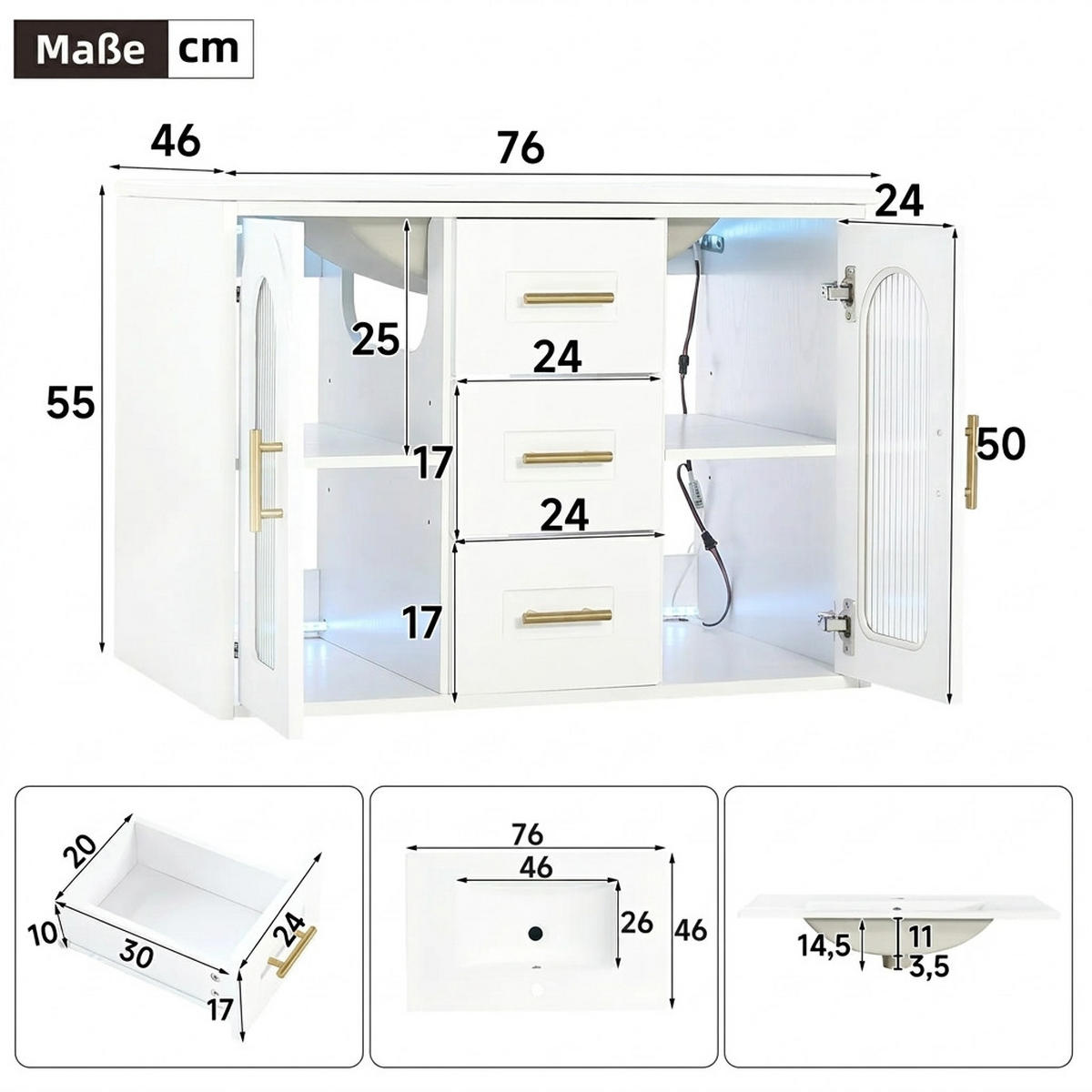 WASCHTISCHKOMBI 76/46/55 cm Weiß mit LED-Beleuchtung und 3 Schubladen - Weiß, Holz/Holzwerkstoff (46/55/76cm) - Oxeza