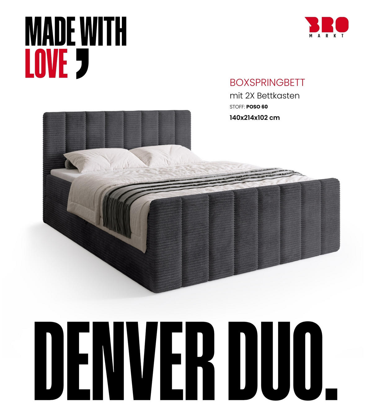 BOXSPRINGBETT Denver DUO mit Topper 140x200 Dunkelgrau - Grau, Textil (140/200cm) - Bromarkt