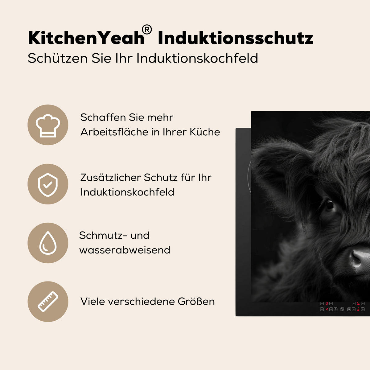 HERDABDECKPLATTE Scottish Highlander - Schwarz - Kalb - Kuh Herdabdeckung Induktionsfeld 65x52 cm - Schwarz, Kunststoff (65/52/0.2cm) - MuchoWow