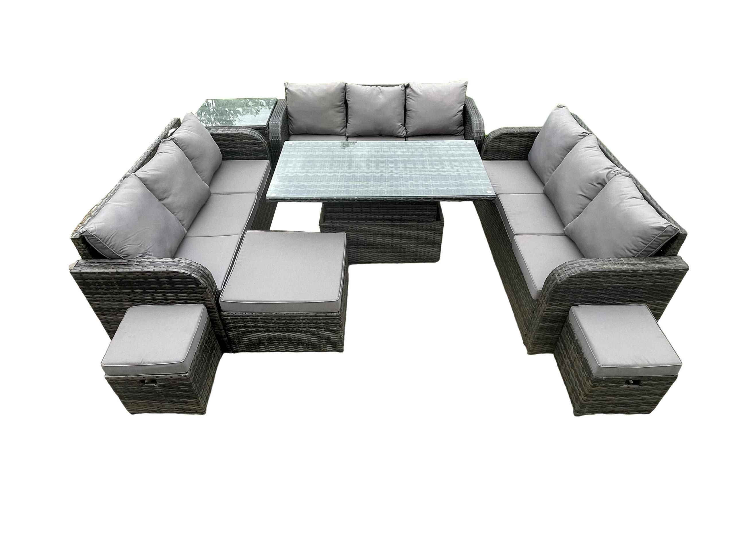 LOUNGESOFA Polyrattan 12-Sitzer - Dunkelgrau/Grau, Glas/Kunststoff - Fimous
