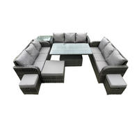 LOUNGESOFA Polyrattan 12-Sitzer - Dunkelgrau/Grau, Glas/Kunststoff - Fimous