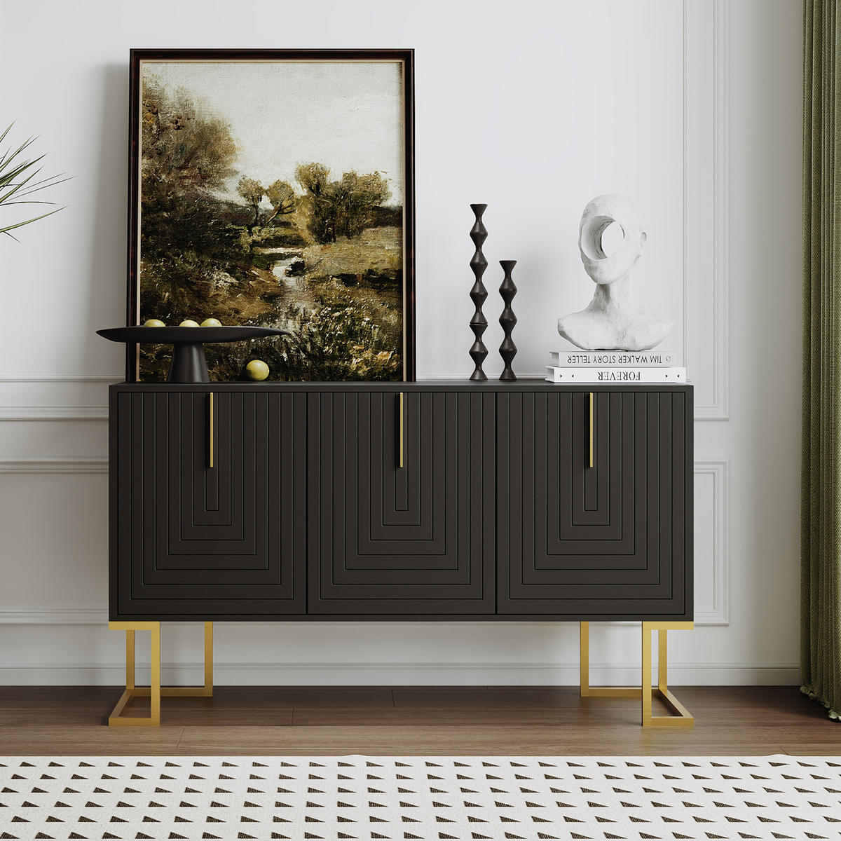 SIDEBOARD aus MDF 138x40x80 cm Schwarz mit 3 Türen, verstellbaren Regalböden und U-förmiger Frontstruktur - Schwarz, Holzwerkstoff (138/80.5/40cm) - Modfu