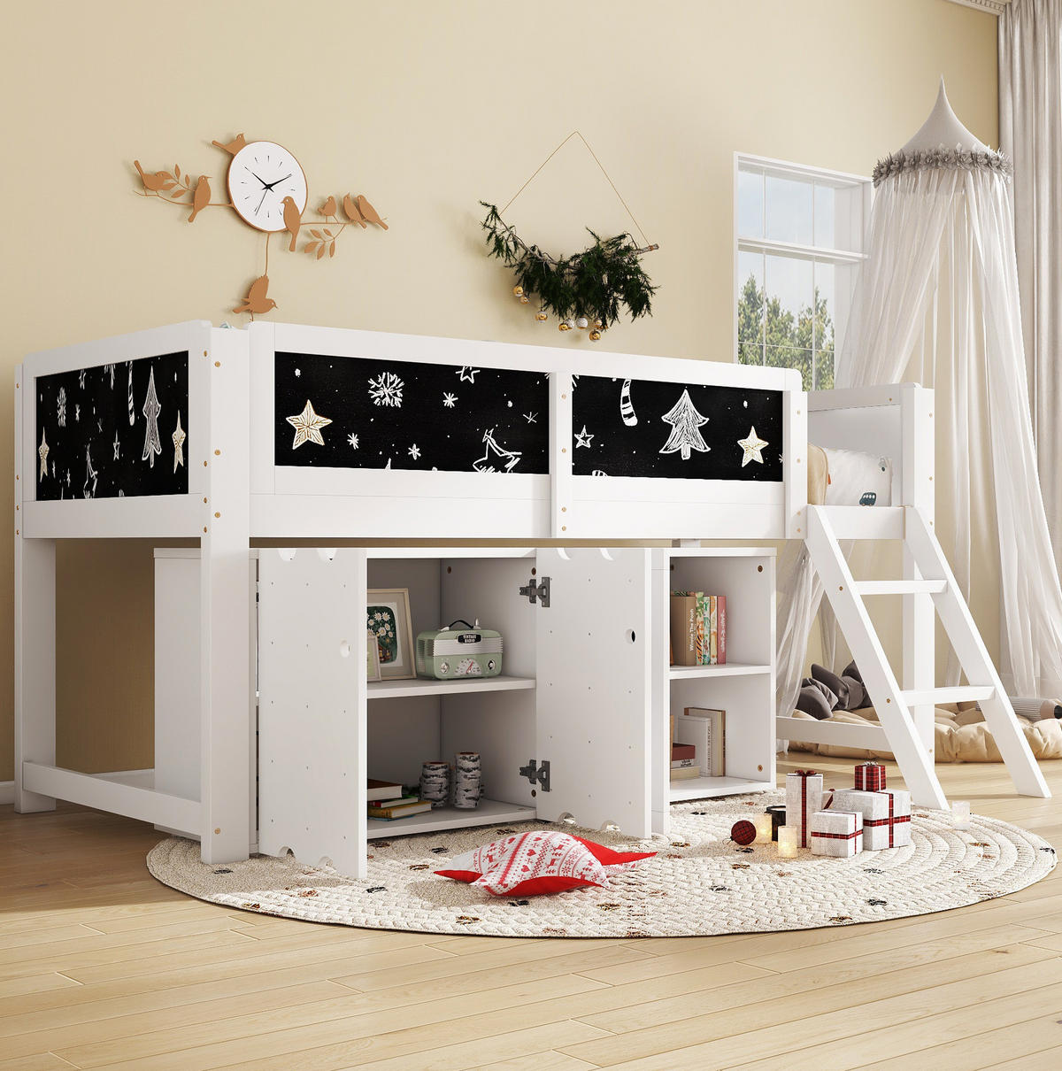 HOCHBETT 90/200 cm Weiß Schwarz mit Stauraum und Kreidetafel aus Kiefer und MDF - Weiß, Holzwerkstoff (90/200cm) - OKWISH