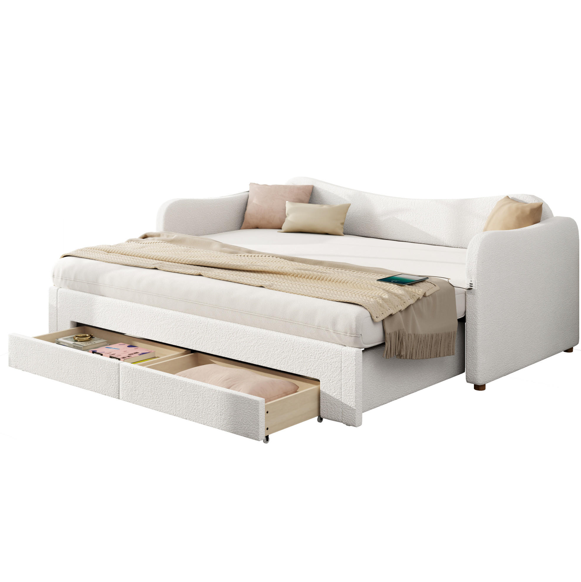 POLSTERBETT 90/200 cm ausziehbar auf 180/200 cm mit 2 Schubladen, USB- und USB-C-Anschluss, Bouclé, Beige - Beige, Textil (90/200cm) - Redom