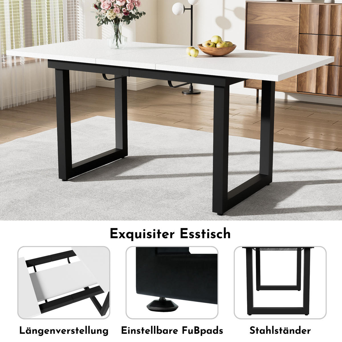 ESSTISCH aus MDF und Metall 140/180x80x75 cm Weiß/Schwarz ausziehbar im Industriestil - Weiß, Holzwerkstoff (180/80/75cm) - Modfu
