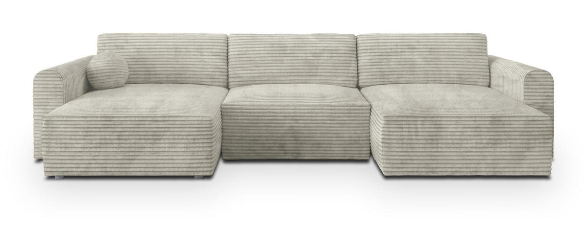 WOHNLANDSCHAFT FENTO Hellgrau Kordstoff mit Schlaffunktion - Hellgrau, Holz (347/90/148cm) - MASSENO