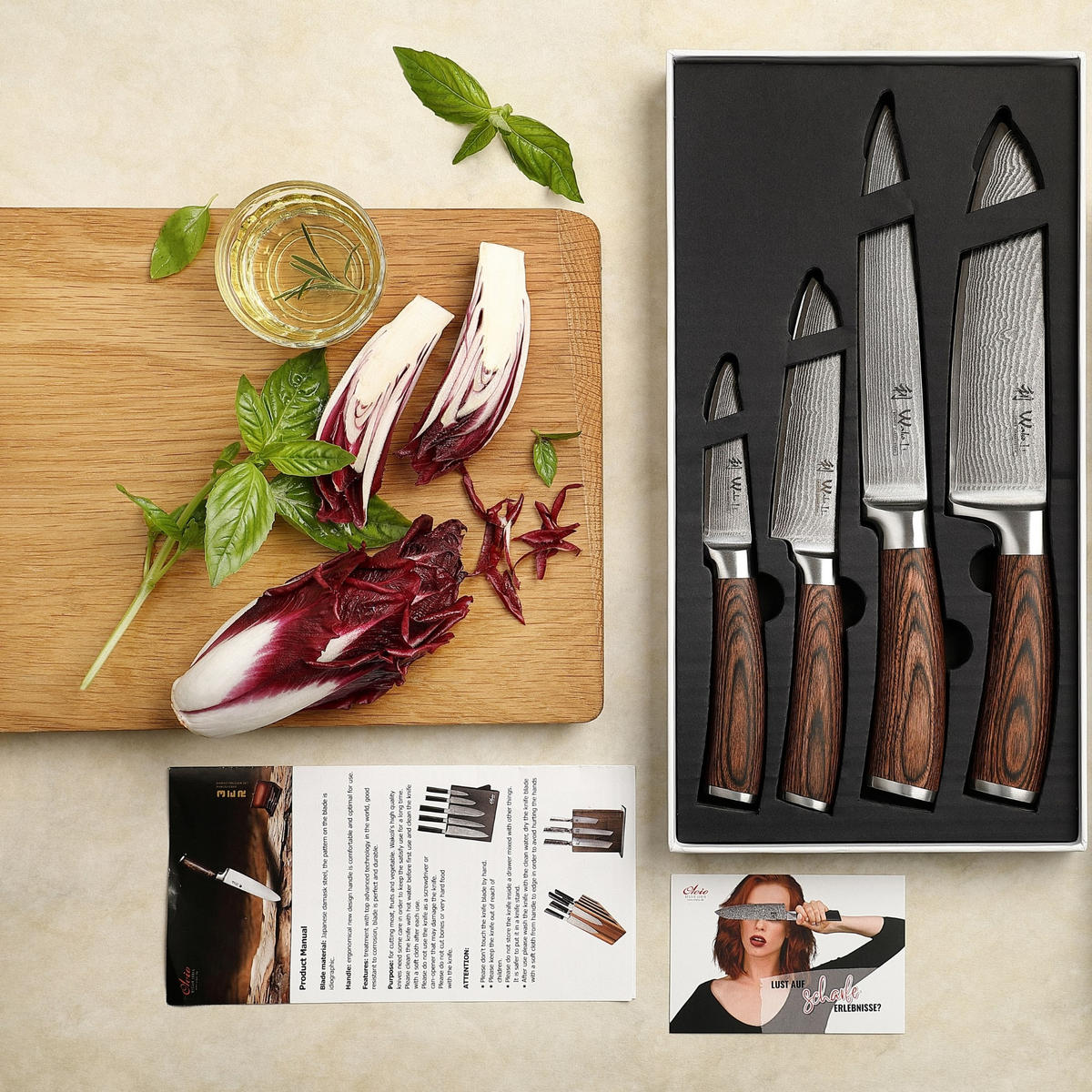 MESSERSET 4 tlg. mit Messerblock I EDIB - Braun, Holz/Metall - Wakoli