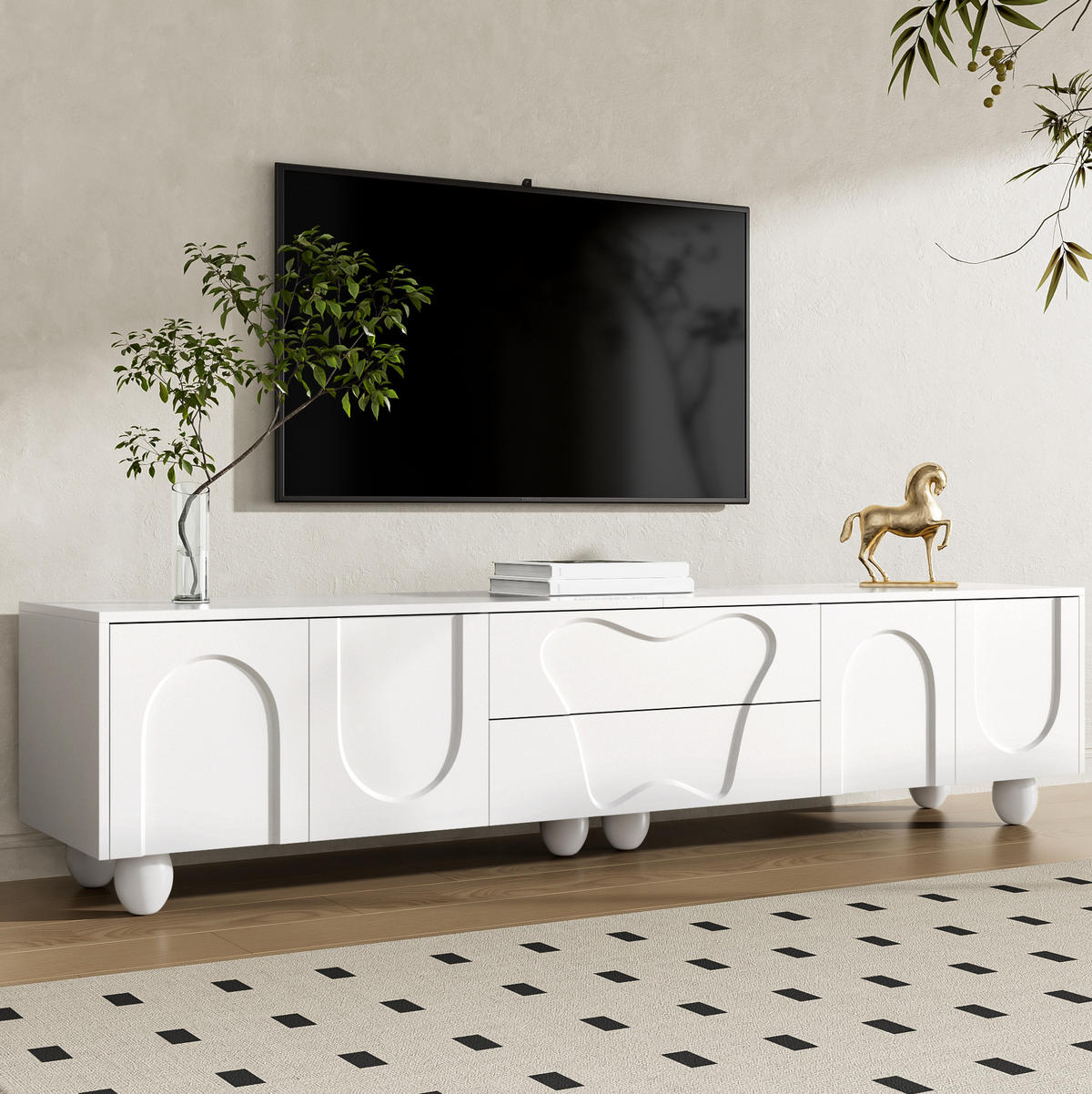 TV-KOMMODE aus Spanplatte 180x40x42 cm Weiß mit Schubladen und Fächern, matte Oberfläche und Massivholzbeine - Weiß, Holzwerkstoff (180/42/40cm) - Modfu