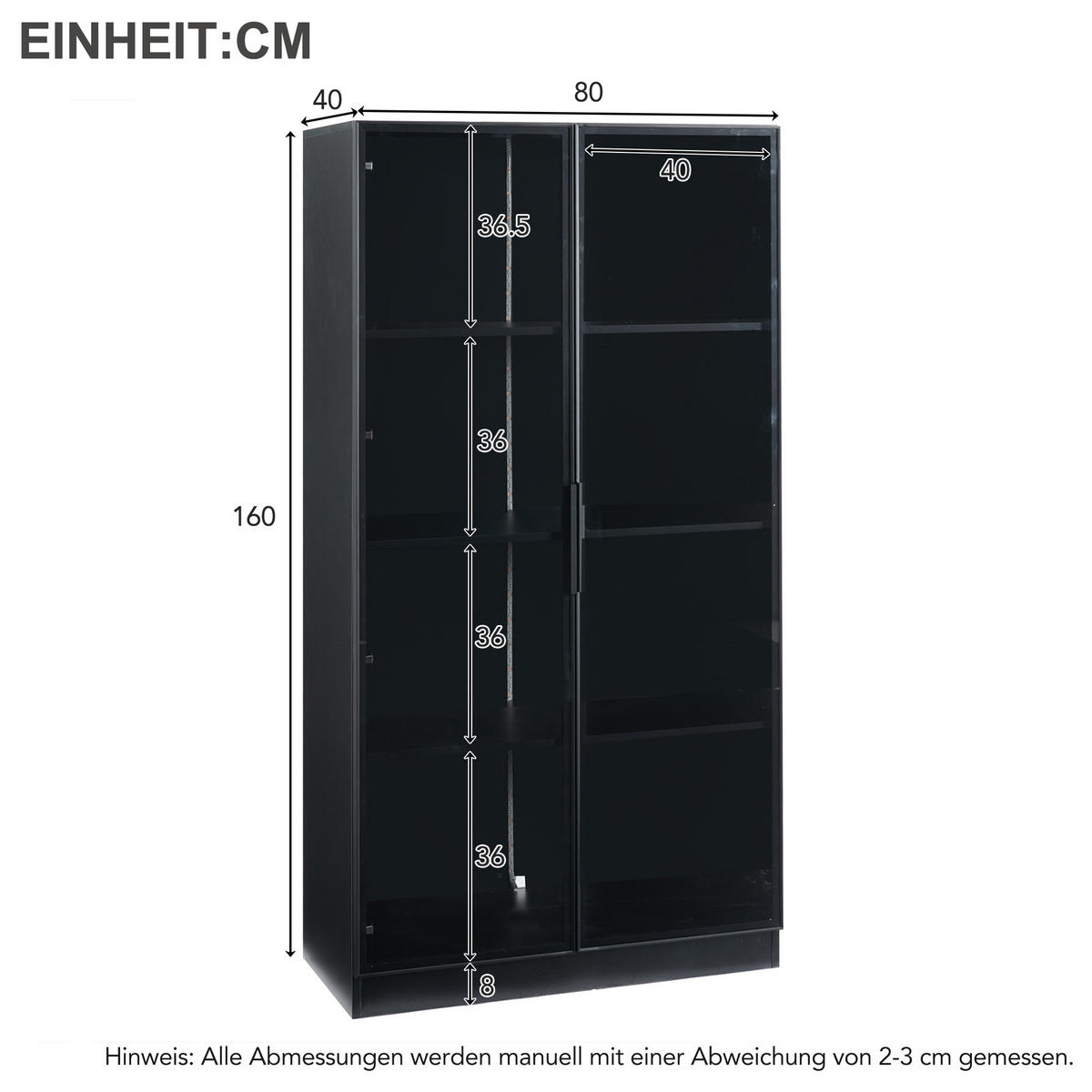VITRINE aus Spanplatte mit Glastüren und App-LED, 80/40/160 cm, schwarz - Schwarz, Holzwerkstoff (40/160/80cm) - Redom