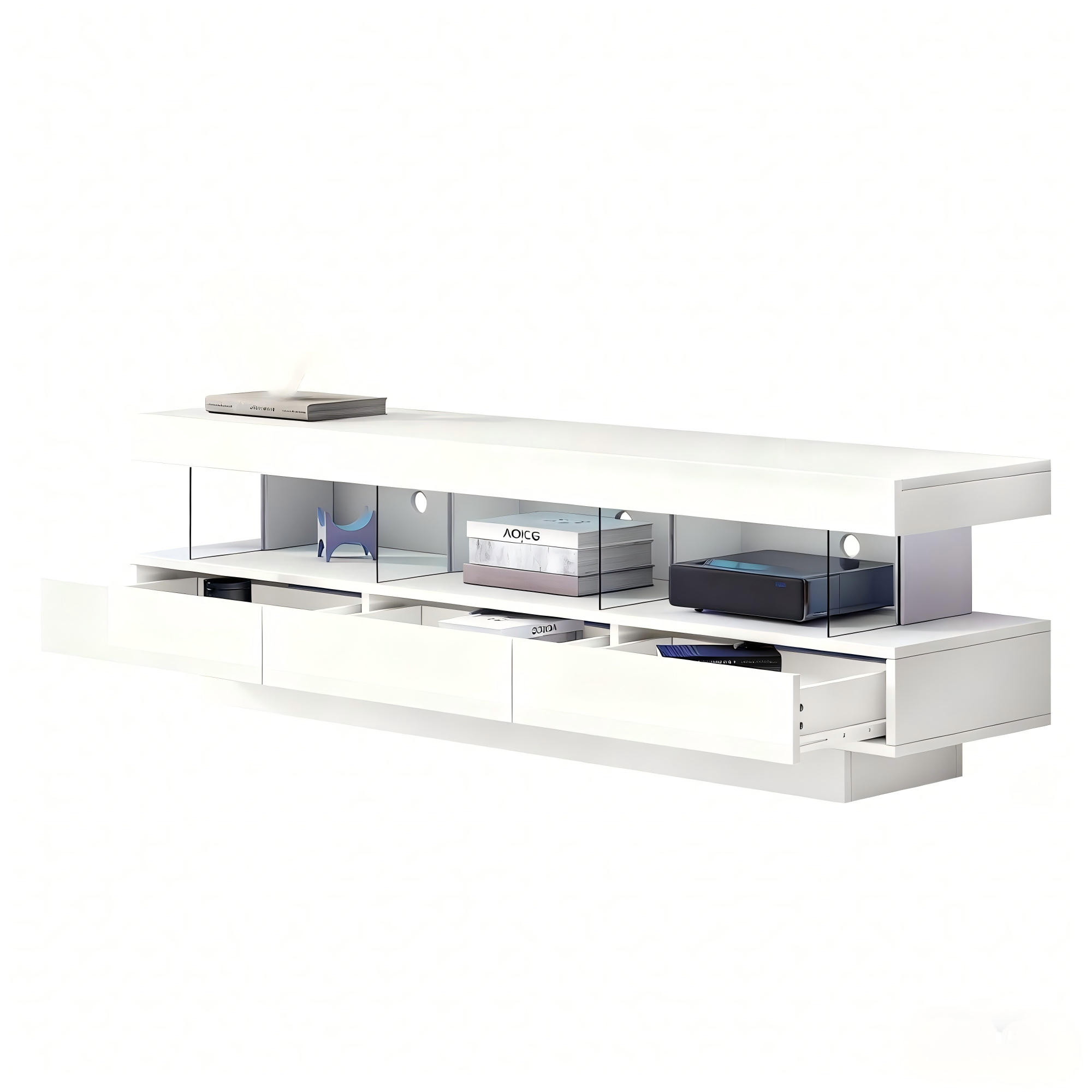 STILVORA TV stolek Bílý se 3 zásuvkami a LED osvětlením do obývacího pokoje, 160×38×50,5 cm