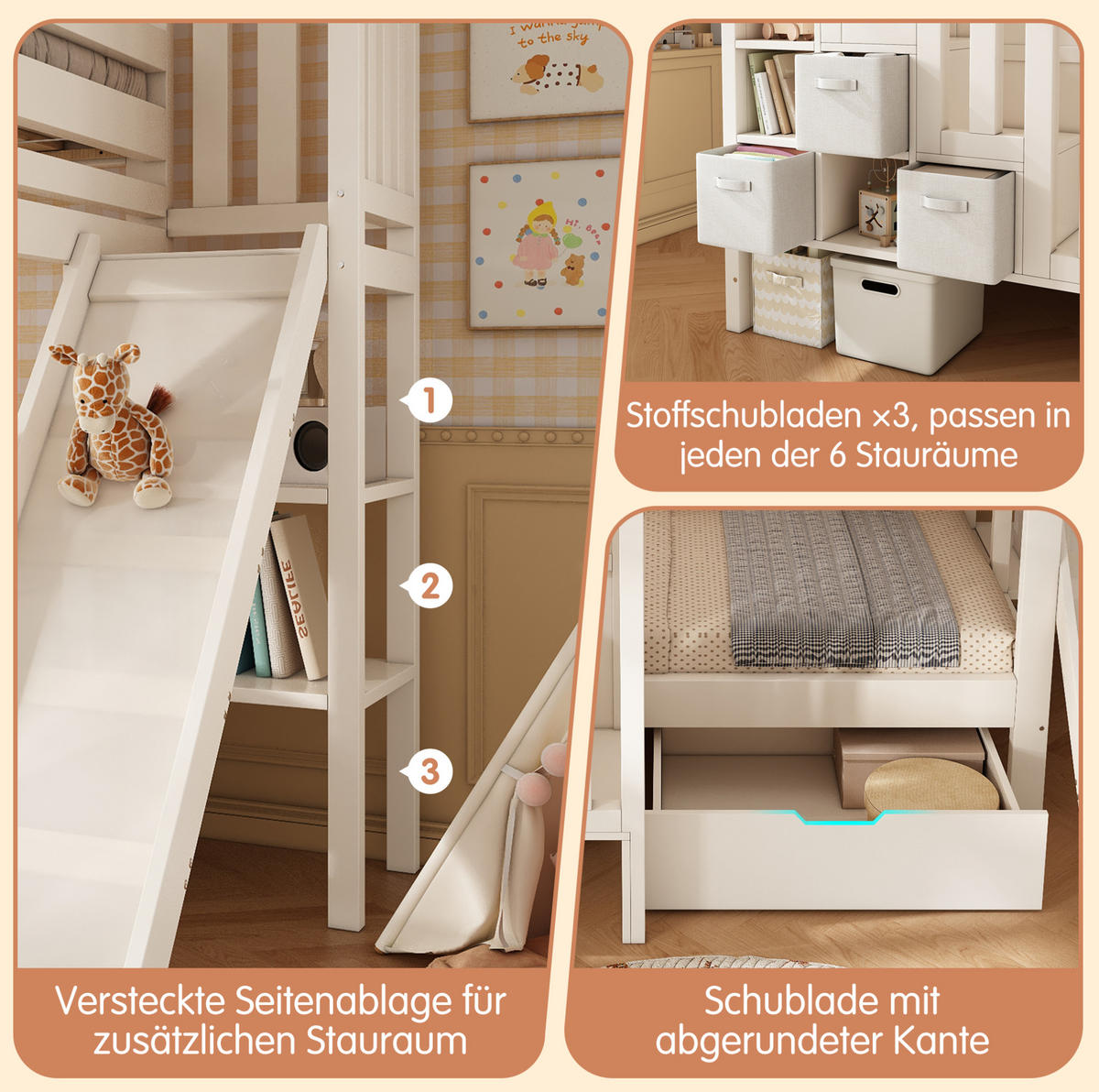 ETAGENBETT 90/200 cm mit Rutsche, Leiterschrank, Regalen und Schubladen, Weiß - Weiß, Holzwerkstoff (90/200cm) - Redom