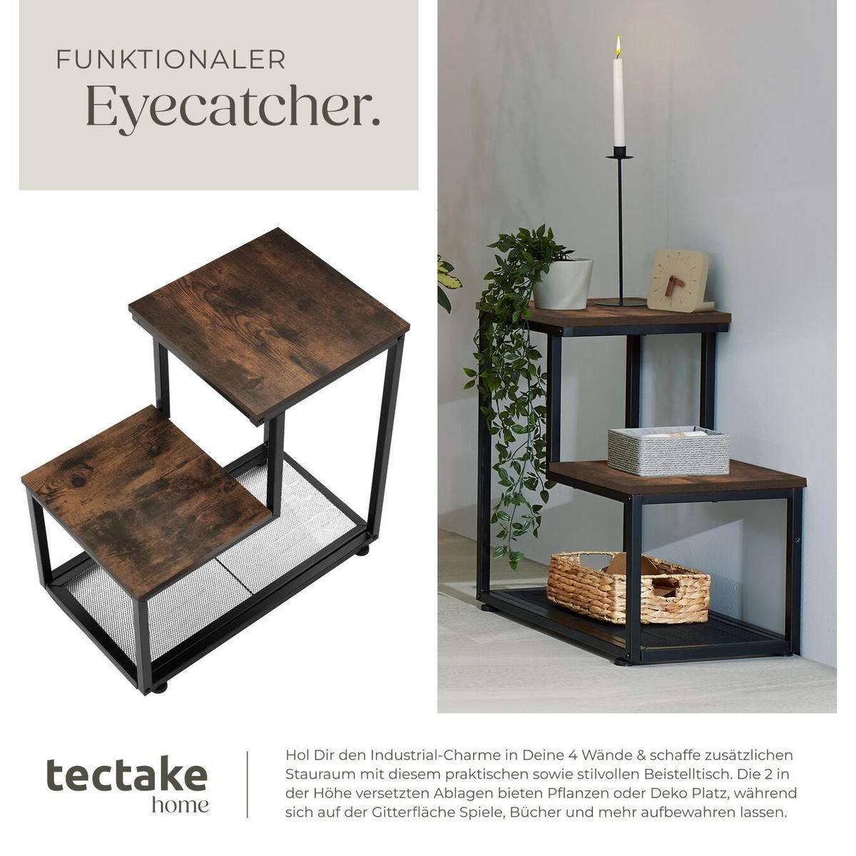 BEISTELLTISCH Halifax,60,5 x 35,5 x 60,5 cm,Industrial Holz dunkel, rustikal - Rostfarben, Holz (60.5/35.5/60.5cm) - tectake