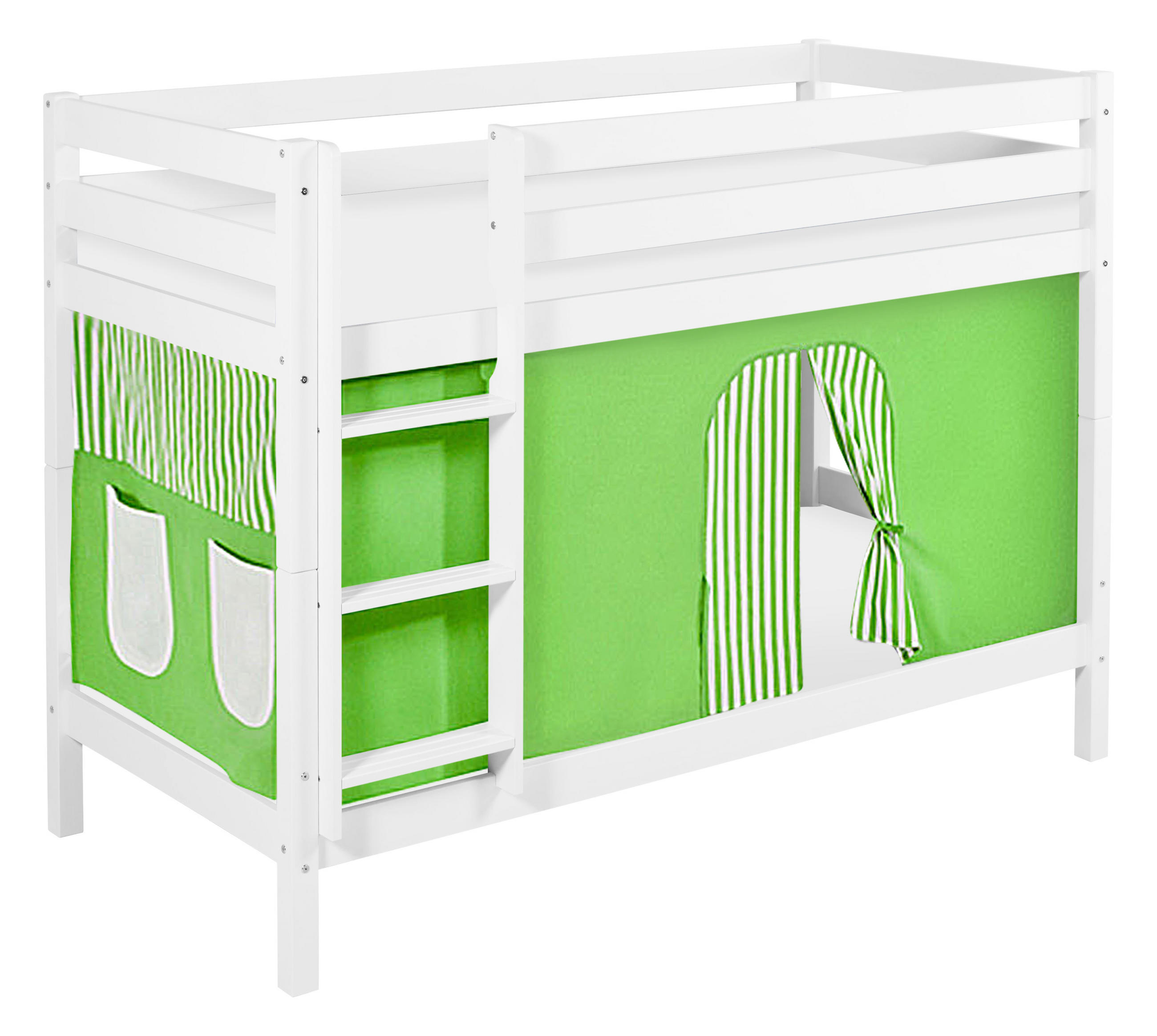 ETAGENBETT JELLE 90x200 cm grün beige gestreift - Hochbett - inkl. Vorhang und 2 Lattenrosten - Weiß, Holz - Lilokids