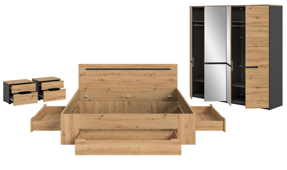 SCHLAFZIMMER Set 4-teilig Eiche Artisan, grau, Komplettset mit Kleiderschrank, Bett und 2x Nachttisch - Eiche Artisan/Grau, Glas/Holzwerkstoff - Inn.Furn