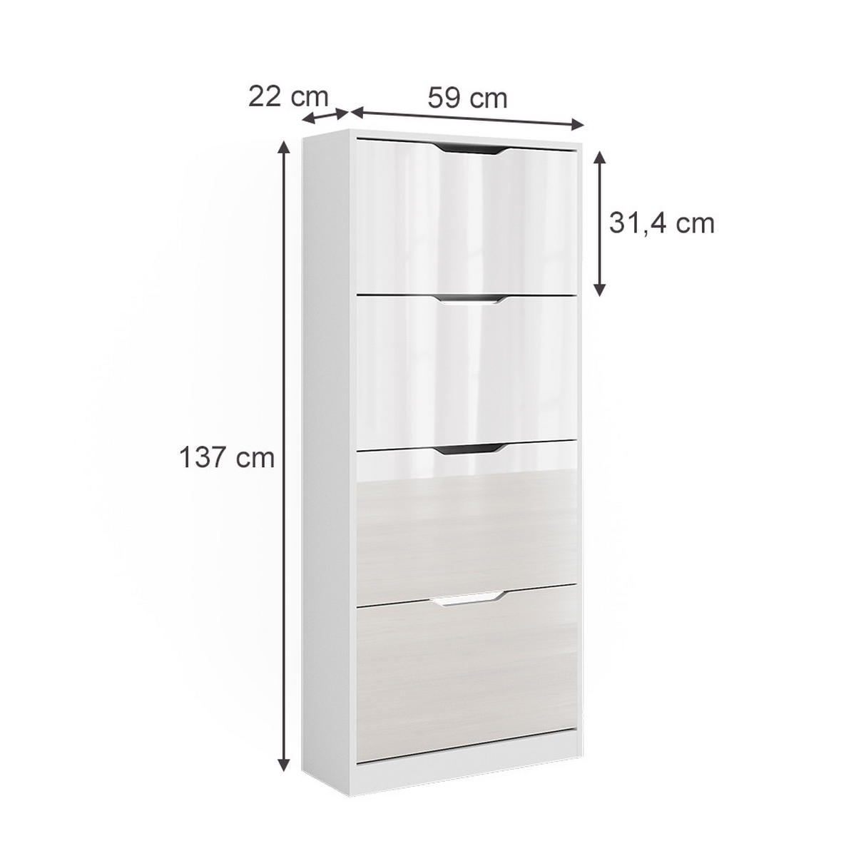 SCHUHKIPPER Luca Weiß/Weiß Hochglanz 59 x 137 cm mit 4 Klappschubladen - Weiß Hochglanz, Holzwerkstoff (59/137/22cm) - Vicco