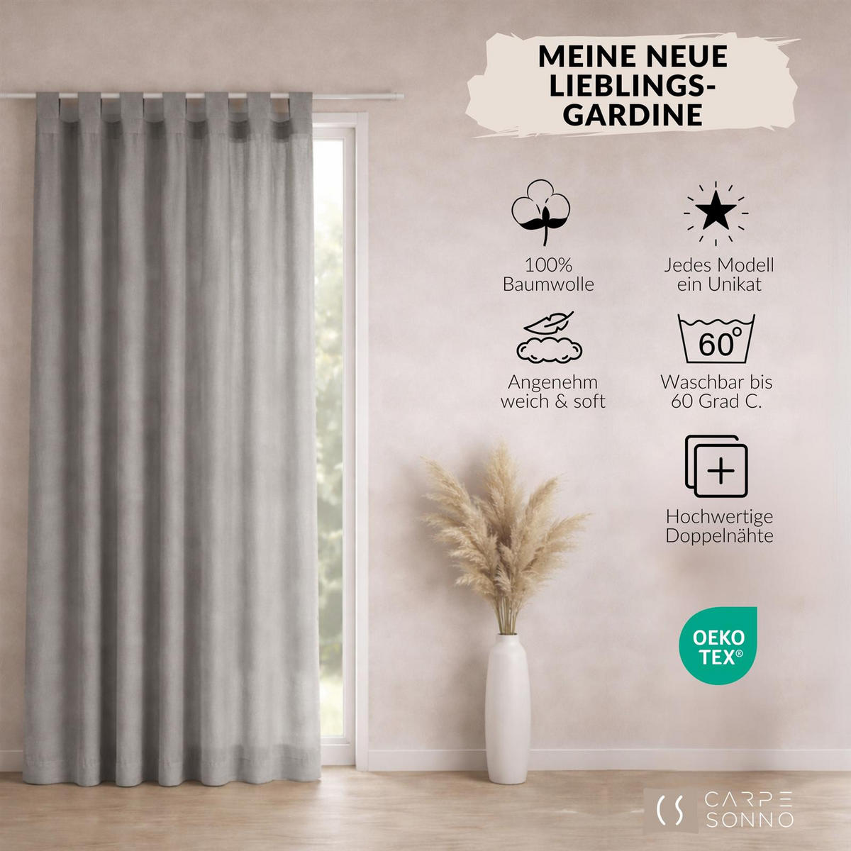 SCHLAUFENSCHAL Gardine 145x250 cm aus 100% Baumwolle. Eleganter Stone Washed Fenster Vorhang mit Schlaufen - Grau - Naturfarben, Textil (145/250cm) - Carpe Sonno