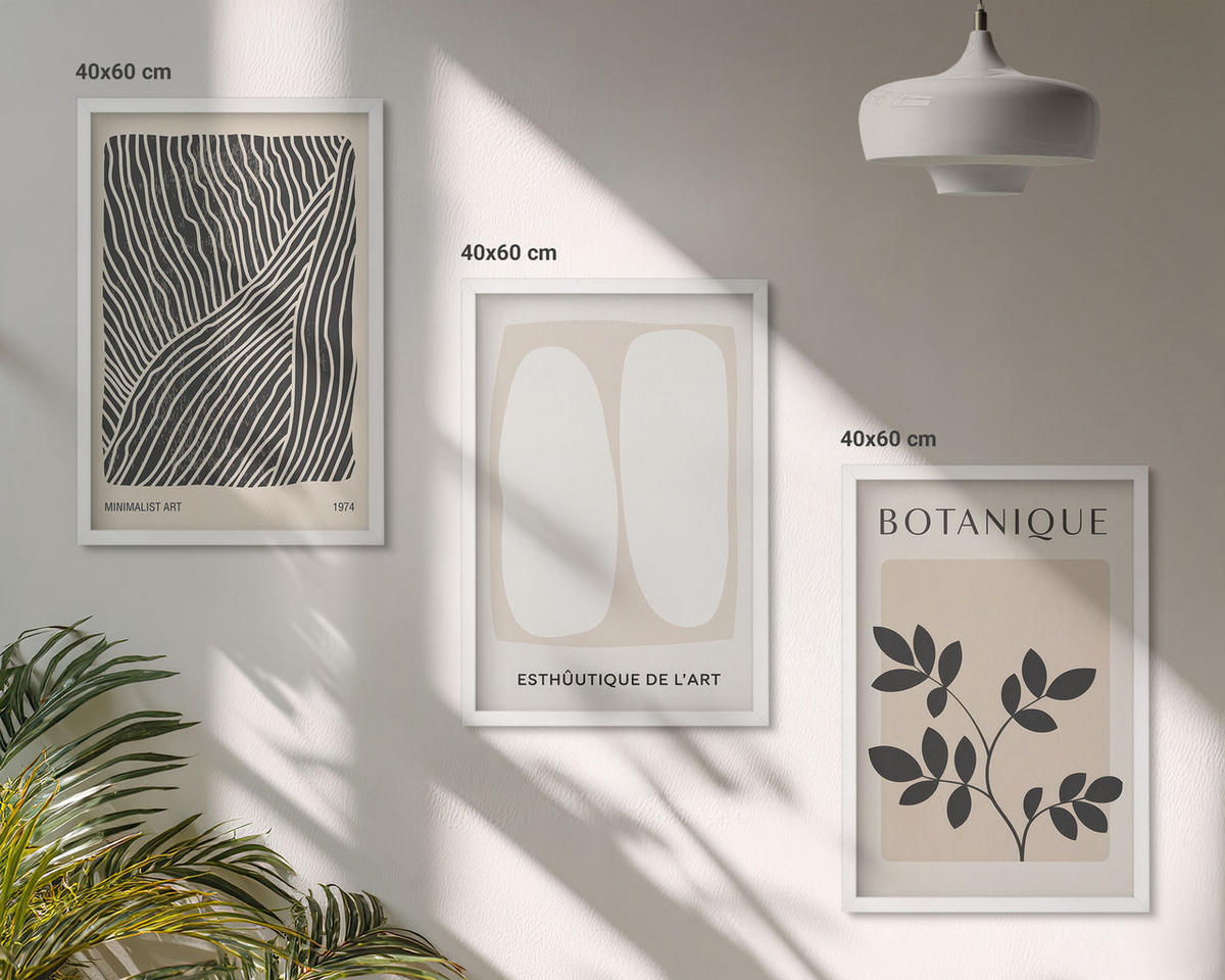 WANDBILDER 3er-Set - 40x60 cm Weißer Rahmen - Pflanzenmuster und Linien - Weiß, Kunststoff (40/60cm) - ArtPrintCave
