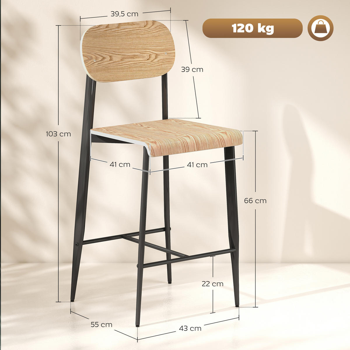 BARHOCKER 2er-SetNaturfarben 55.0/43.0/103.0 cm - Naturfarben, Metall (43/103/55cm)