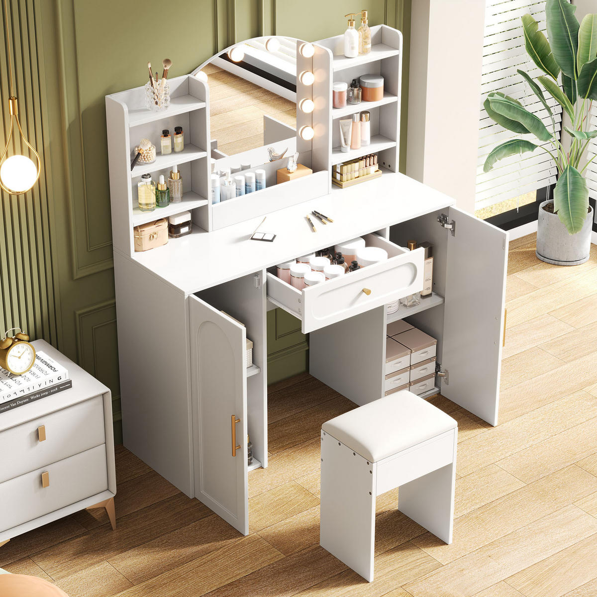 GROSSER Schminktisch mit LED-Spiegel, dimmbar, inkl. Hocker, 1 Schublade & 2 Türen, modern, Weiß, 110x40x132 cm - Weiß, Holz (40/132/110cm) - Ej. Life