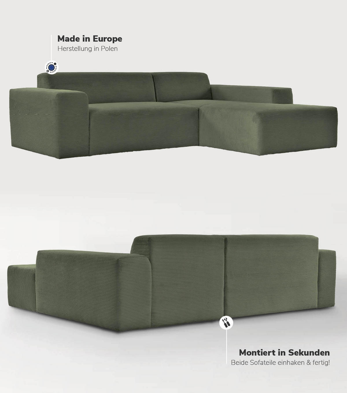ECKSOFA Die Lässige Recamiere rechts - Mintgrün, Textil (253/188cm) - Mokebo
