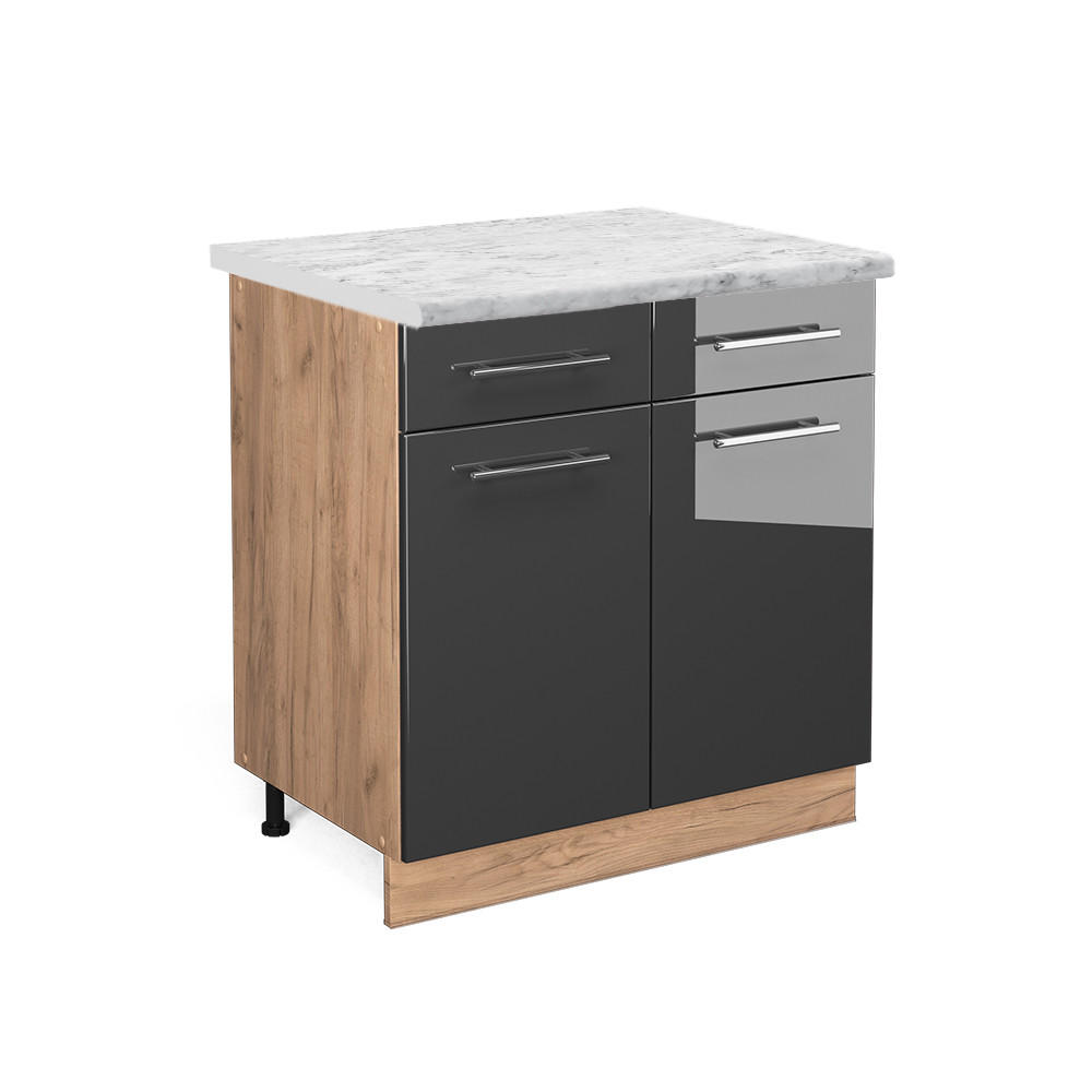KÜCHENUNTERSCHRANK Fame-Line Anthrazit Hochglanz 80 cm, AP Marmor - Honigeiche/Schwarz Hochglanz, Holzwerkstoff (80/82/60cm) - Vicco