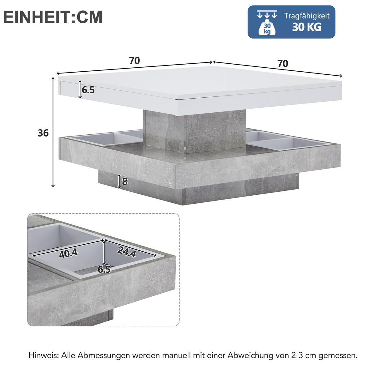 COUCHTISCH 70/70/36 cm weiß/marmor aus Spanplatte mit 360° drehbarer Platte - Weiß, Holzwerkstoff (70/70/36cm) - OKMYHOME