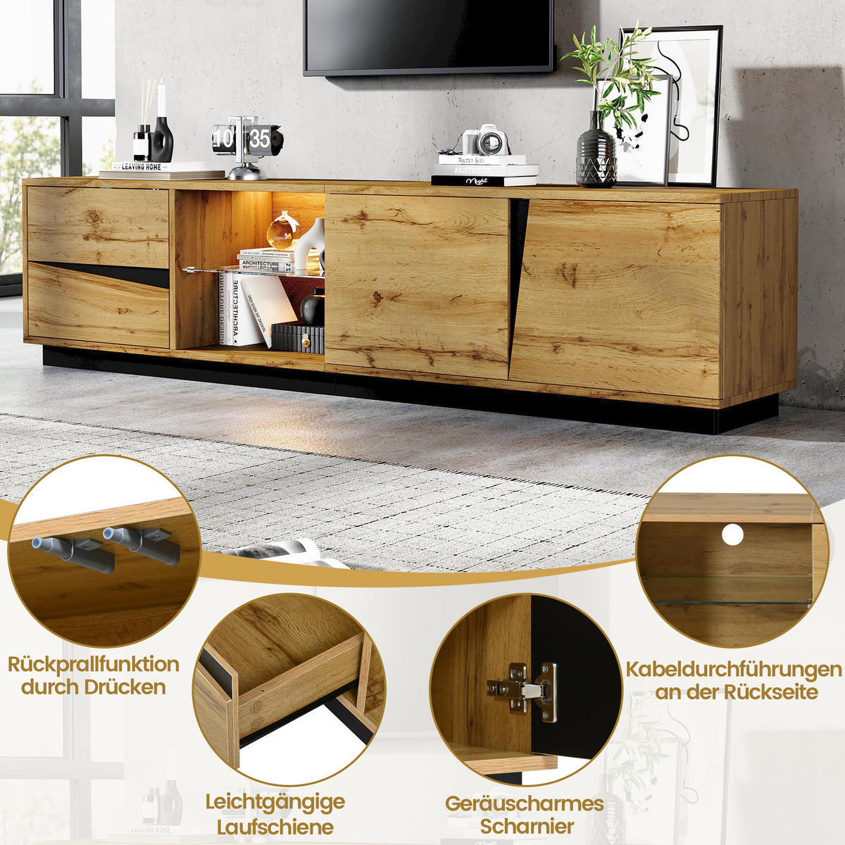 TV-LOWBOARD 170cm MDF Weiß Riffel-Optik 5 Türen Eisenfüße & Griffe - Naturfarben, Holzwerkstoff (180/45/35cm) - Urban Meuble