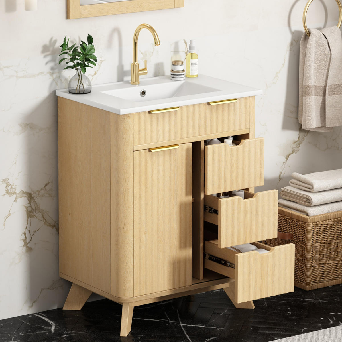 WASCHTISCHKOMBI 47/61/90 cm Naturholz mit 3 Schubladen und Schiebetür, ohne Wasserhahn - Naturfarben, Holz/Holzwerkstoff (47/90/61cm) - Oxeza