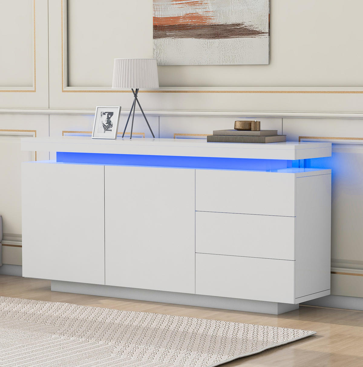 SIDEBOARD mit LED 140 x 35 x 72,5 cm Weiß Hochglanz 2 Türen 3 Schubladen - Weiß, Holzwerkstoff (140/72/38cm) - Meubliv