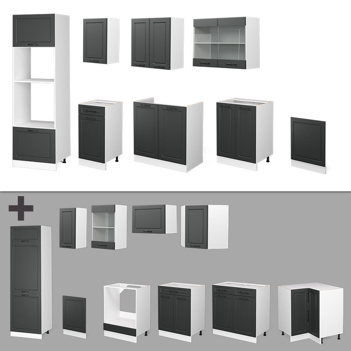 KÜCHENZEILE R-Line Anthrazit Landhaus/Weiß 300 cm mit Hochschrank AP Marmor - Anthrazit/Weiß, Holzwerkstoff (300/81.6/60cm) - Vicco