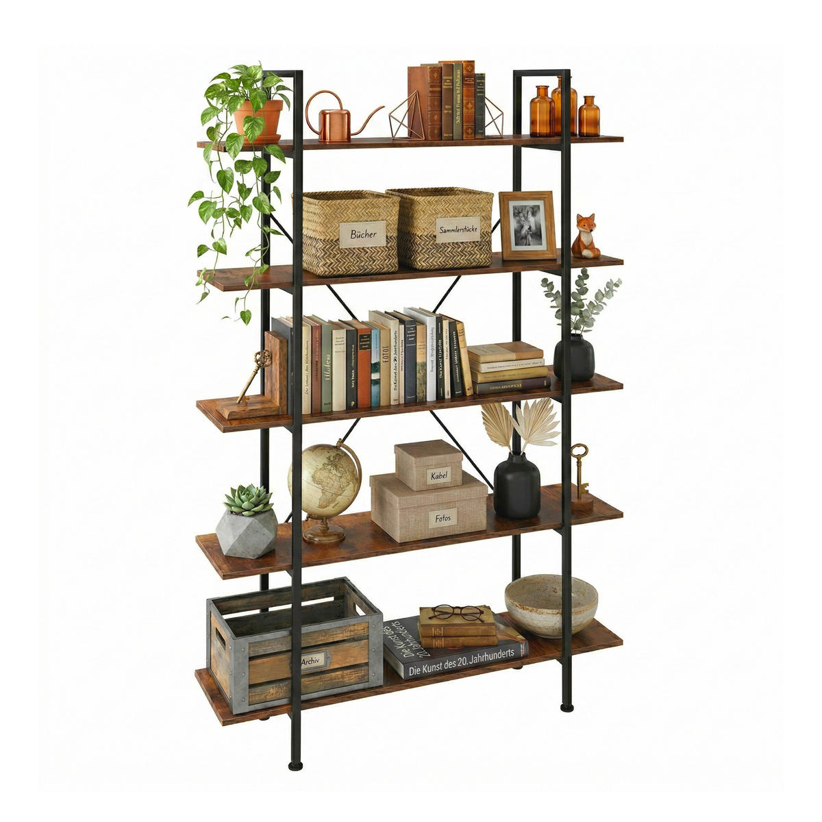 BÜCHERREGAL - Braun, Holzwerkstoff/Metall (33.5/177.5/105cm) - Relaxdays