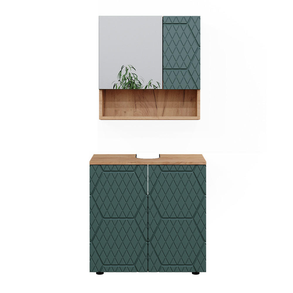 BADMÖBEL-SET Irma Grün 2 Teile, Unterschrank 60 cm - Eiche Wotan/Grün, Holzwerkstoff (80/58.6/41cm) - Vicco