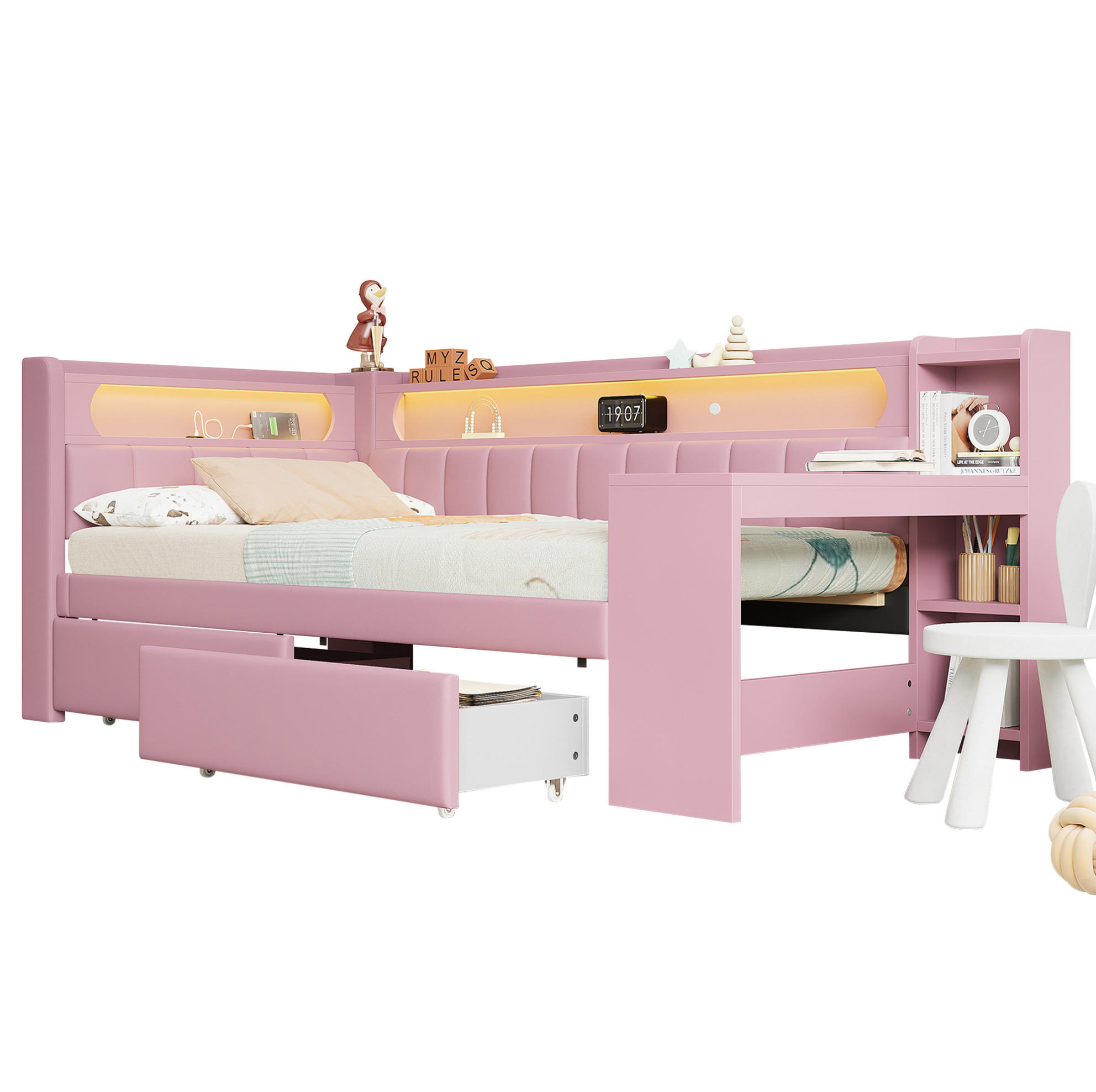 GEPOLSTERTES Tagesbett 90/200 cm mit LED-Beleuchtung, USB-Anschluss, Schreibtisch und 2 Schubladen, Rosa - Rosa, Holzwerkstoff (90/200cm) - Redom