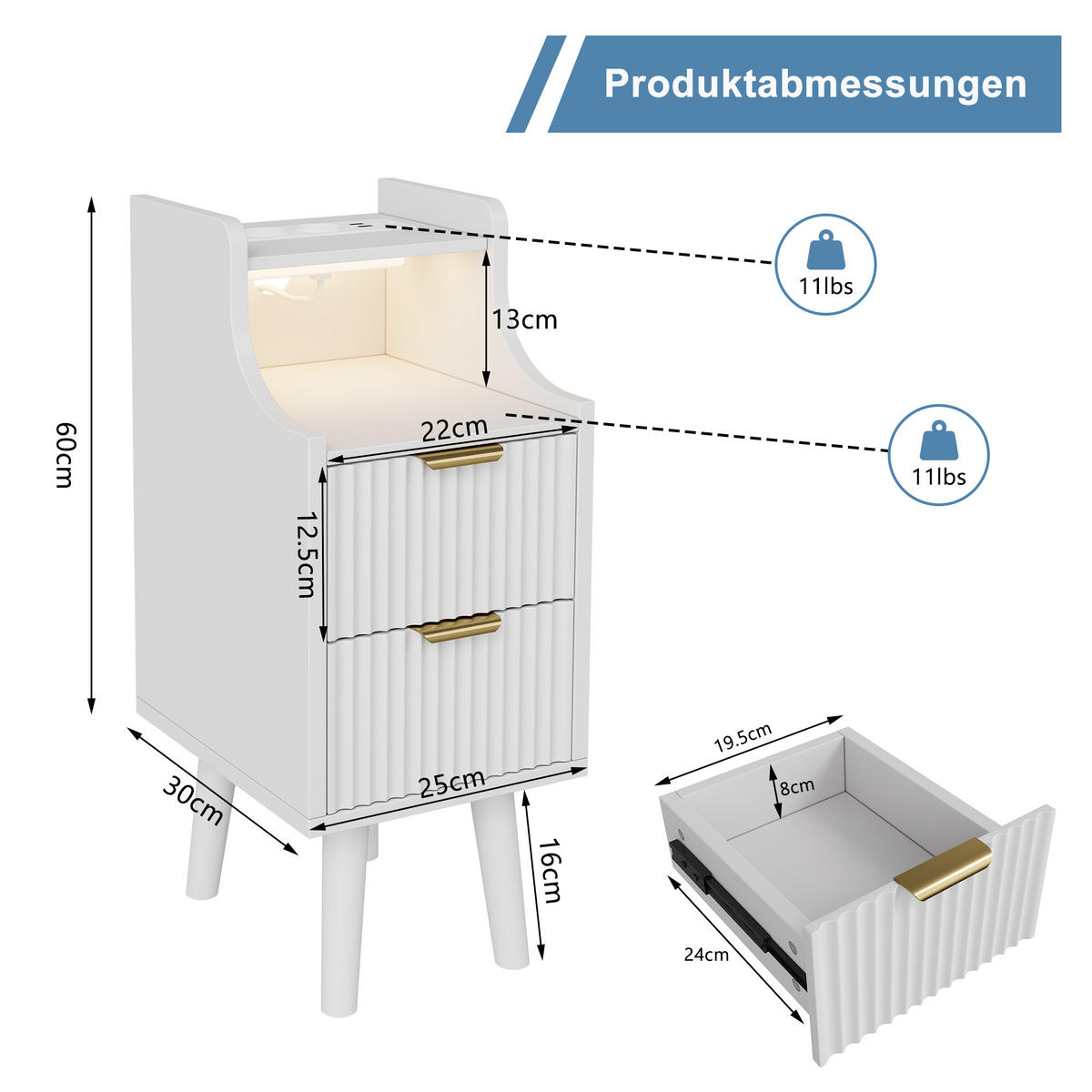 NATTDUKSBORDSSET, 2 delar, vitt, med LED, USB och 2 lådor - Vit, Träbaserade material (25/60/30cm) - SHOPENTRA