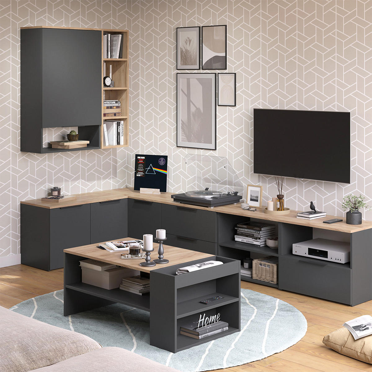COUCHTISCH Wido Anthrazit/Sonoma 100 x 55 cm mit Regalen - Anthrazit, Holzwerkstoff (55/100/42cm) - Vicco
