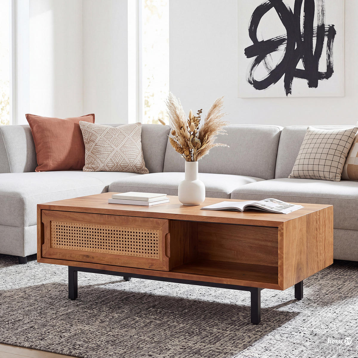MASSIVER COUCHTISCH - Mango massiv / Wiener Geflecht - Mango / Beige - Beige/Schwarz, Naturmaterialen/Holz (60/110/40cm) - home24