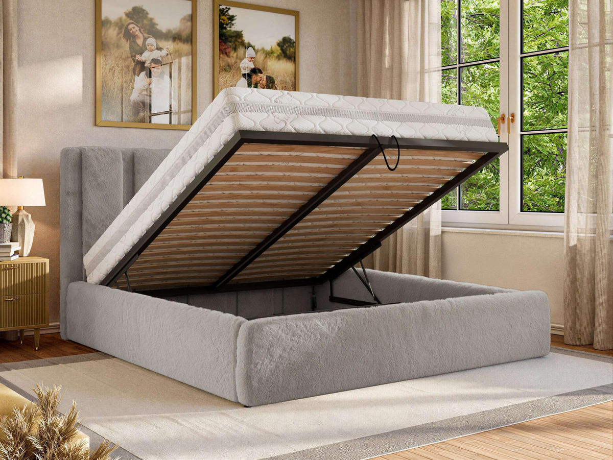 POLSTERBETT SAVINO CLASSIC 160/200 - Hellgrau Plüsch - Schaum-Matratze - Hellgrau, Textil (160/200cm) - MKS