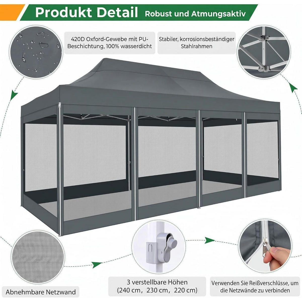 FALTPAVILLON 3x6m Grau Wasserdicht mit 6 Seitenwänden - Grau, Textil (300/335/600cm)